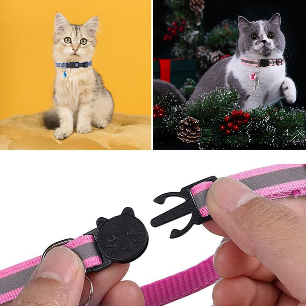 Reflective Cat Collar, Adjustable, Address Capsule, Pack of 3 Cat Collar, Reflective Cat Collar with Safety Clasp and Bell, Address Tag for Dogs Cats, Cat Collar