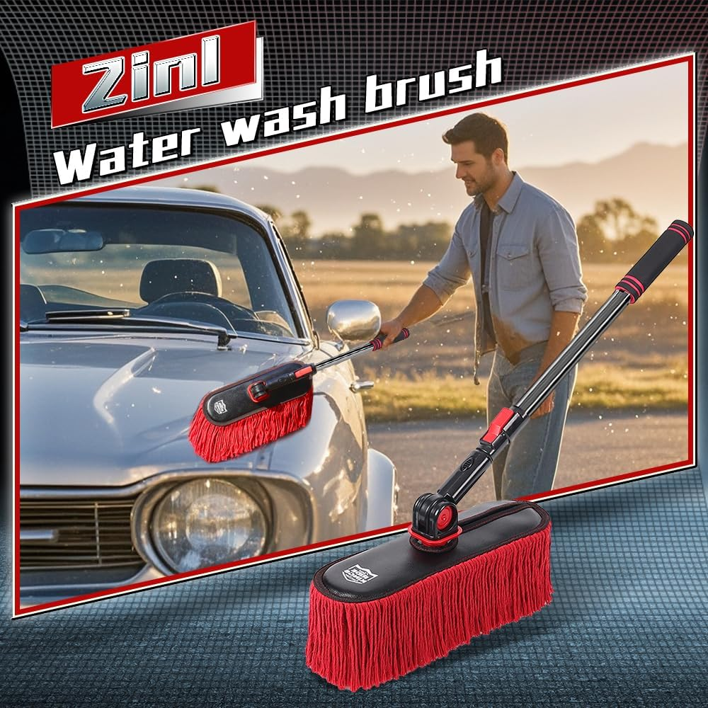 2In1 Brush and Duster for Car Exterior,Chenille Car Wash Brush Mop*1Pc,Wax Cotton Car Duster Mop*1Pc Remove Dust,Freely Switch a Retractable Black Steel Pole,Car Cleaning Supplies for Truck Rv Boat image number 2