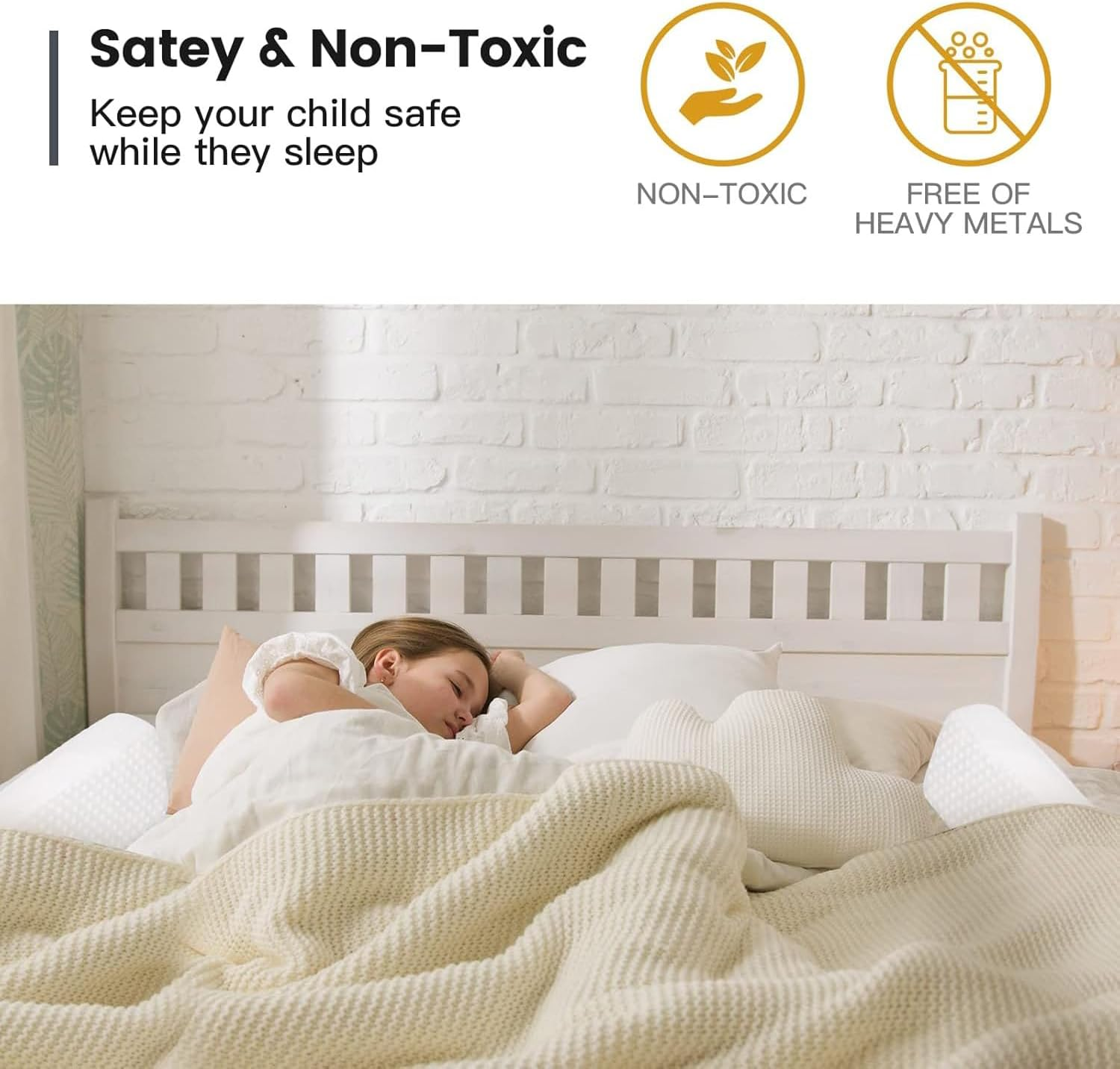 Long Pillow for Toddlers Foam Bed Guard Rail for Kids Crib Rails for Queen, King, Twin, Full-Size Bed with Non-Slip Machine Washable Cover White, 2 Pack