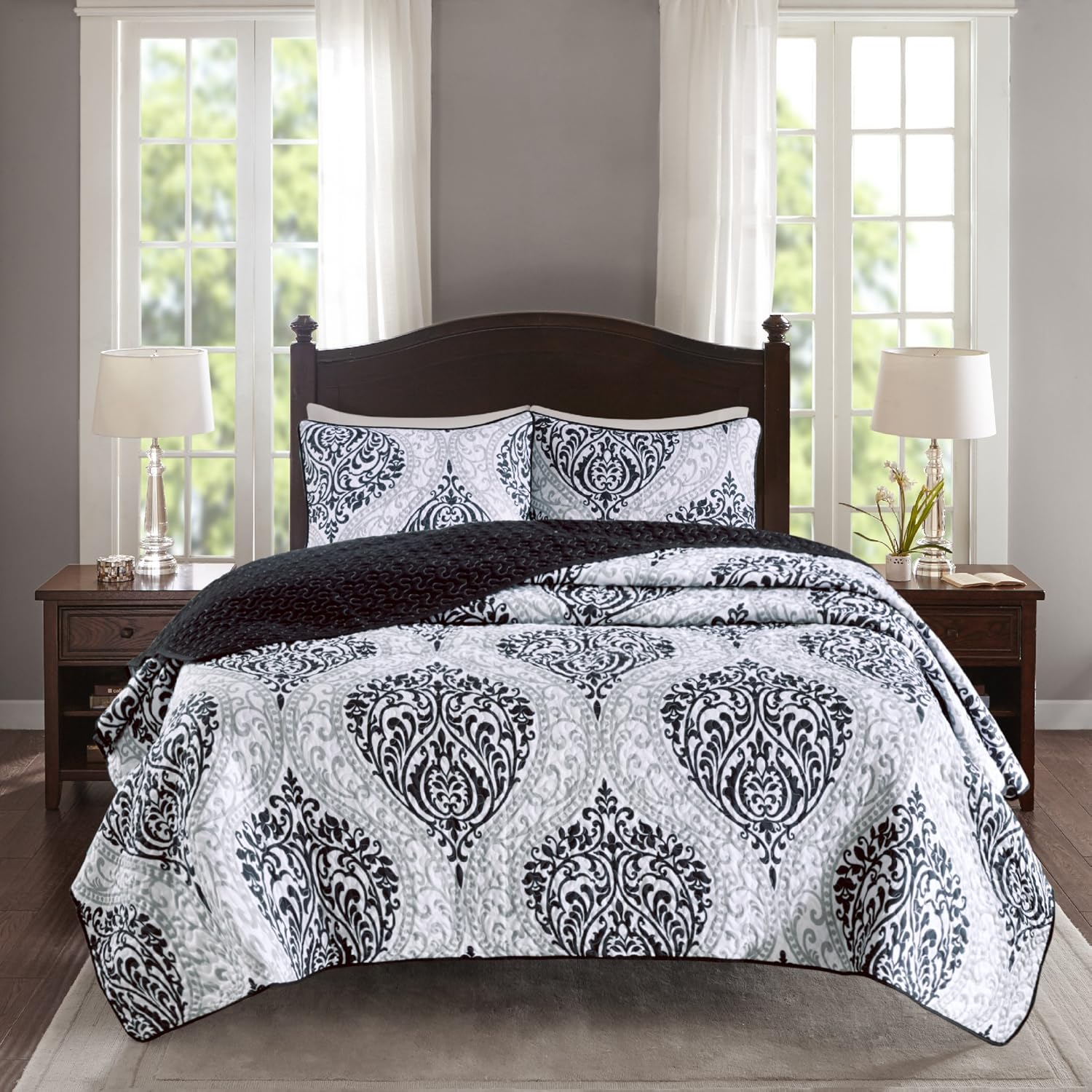 Comfort Spaces Reversible Quilt Set - Vermicelli Stitching Bohemian Design, All Season, Lightweight, Coverlet Bedspread Bedding, Shams, Full/Queen(90"X90") Adele Aqua Medallion 3 Piece