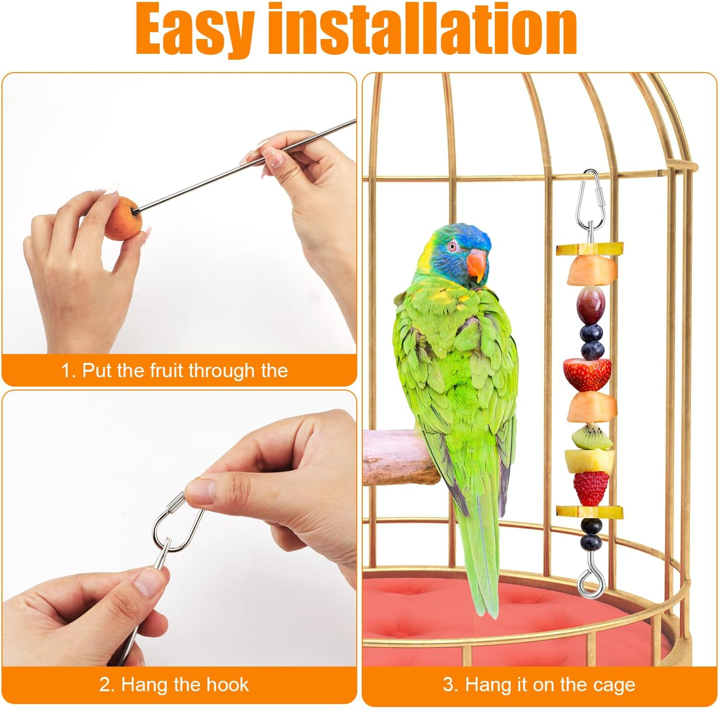 3Pcs Parrot Fruit Skewer, Stainless Steel Bird Vegetable Skewer with Hook Bird Food Holder Cage Food Stick Feeder Skewer Parrot Foraging Toy for Budgies, Parakeets, Macaws image number 3