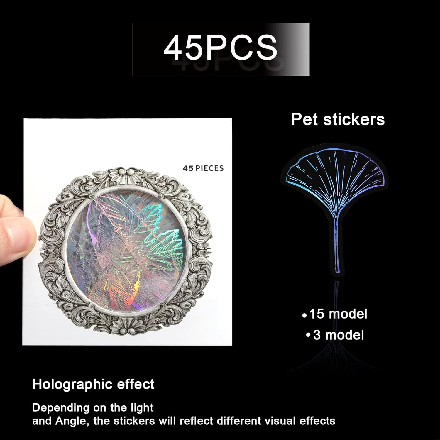 KINBOM 45Pcs Holographic PET Waterproof Glitter Resin Translucent Stickers - Transparent Adhesive for Scrapbooking, Diary, Daily Planner, Water Bottle (Leaf) image number 3