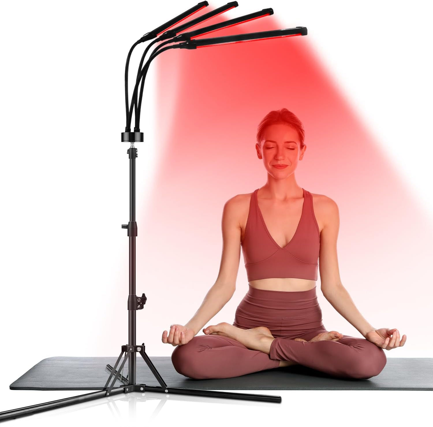 Red Light, 660NM & 850NM Infrared Lamp with Stand, 4 Heads Red Light Lamp with Timer & Brightness Adjustable for Home (Black)