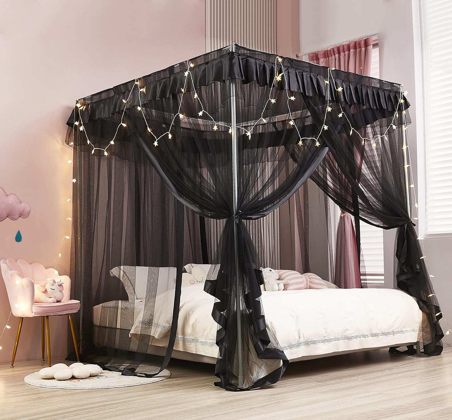 Princess 4 Corners Post Bed Curtain Canopy Netting (Full, Black) image number 6