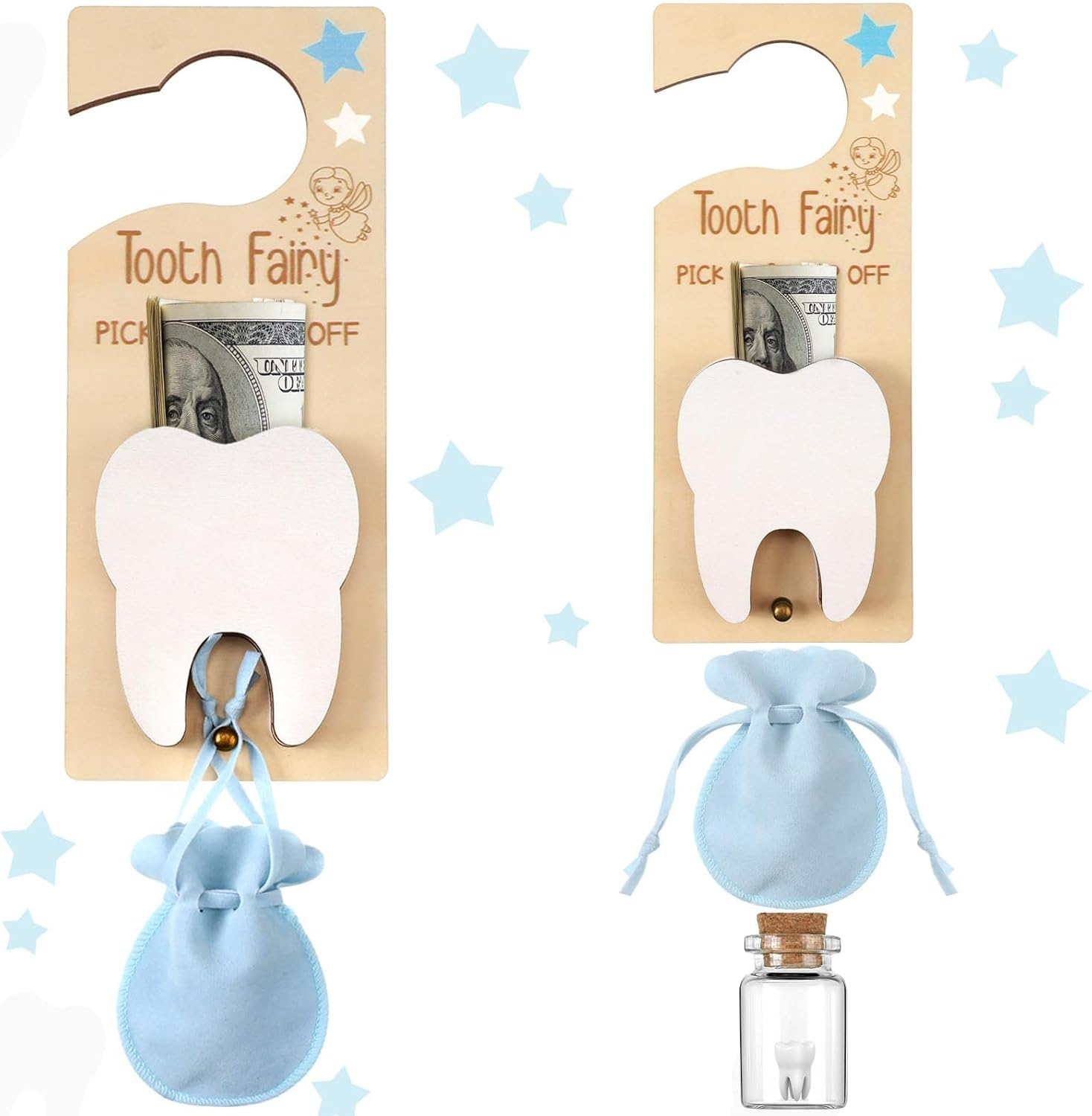3Pcs Tooth Fairy Tooth Holder Bag Tooth Fairy Door Hanger with Money Slot Keepsake Bottle Velvet Pouch Tooth Fairy Box Encourage Lost Teeth Boy Girl Milk Teeth(Pink)