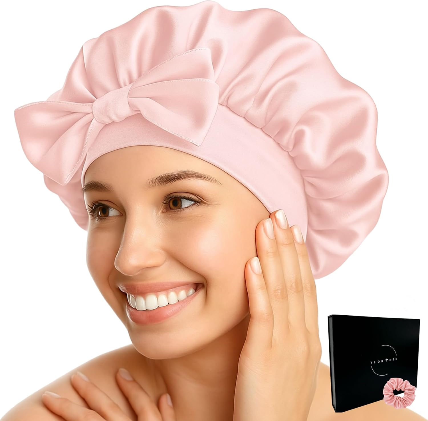 Silk Bonnet for Sleeping with Band Suitable for All Sizes & Hair Types - Protects Hair from Breakage & Split Ends | Retains Curl Shape, Saves Time While Styling | Flortree (Pink) image number 4