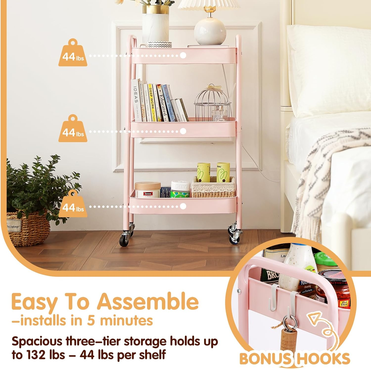 Tiita 3 Tier Rolling Utility Cart, Metal Storage Utility Organizer Cart with Wheels, Slim Rolling Cart Organizer for Kitchen, Bathroom, Office, Pink image number 1