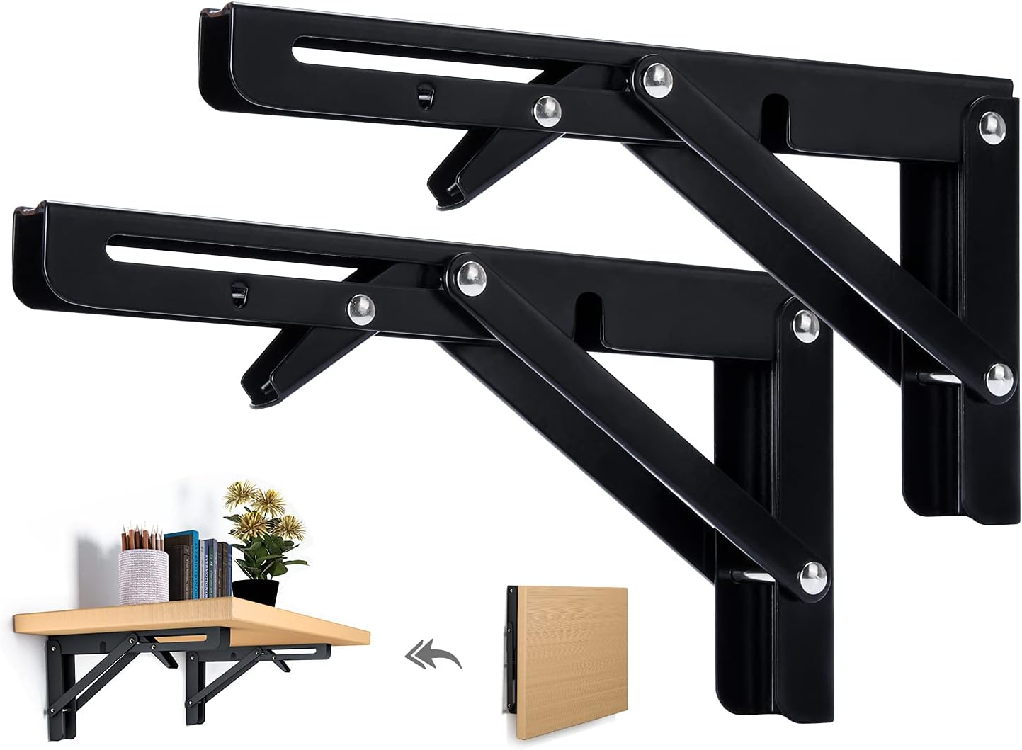 Beinhome Folding Console Heavy Duty 2 Pieces 200 Mm Shelf Brackets Foldable Black Folding Shelf Brackets Table Folding Hinge Load Capacity 50 Kg / 110 Lb for Table Tops Folding Table Wall Table Space image number 3