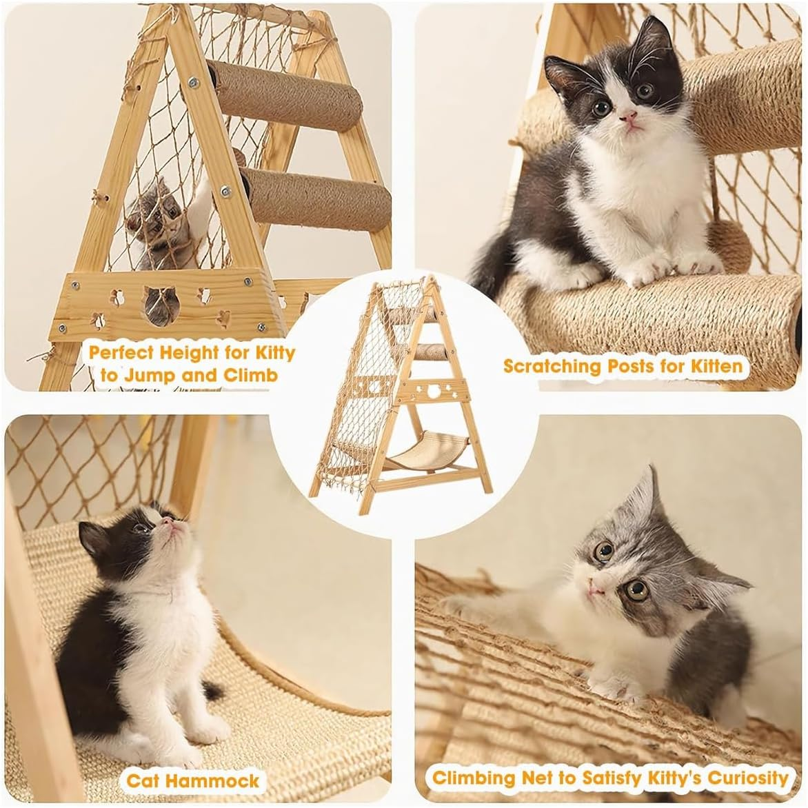 AIMALL Multifunctional Sisal Cat Climber with Hammock, Scratching Posts, and Play Ball - Durable Wood Cat Climbing Tower for Active Cats and Kittens - 33.5 Inch Tall image number 6