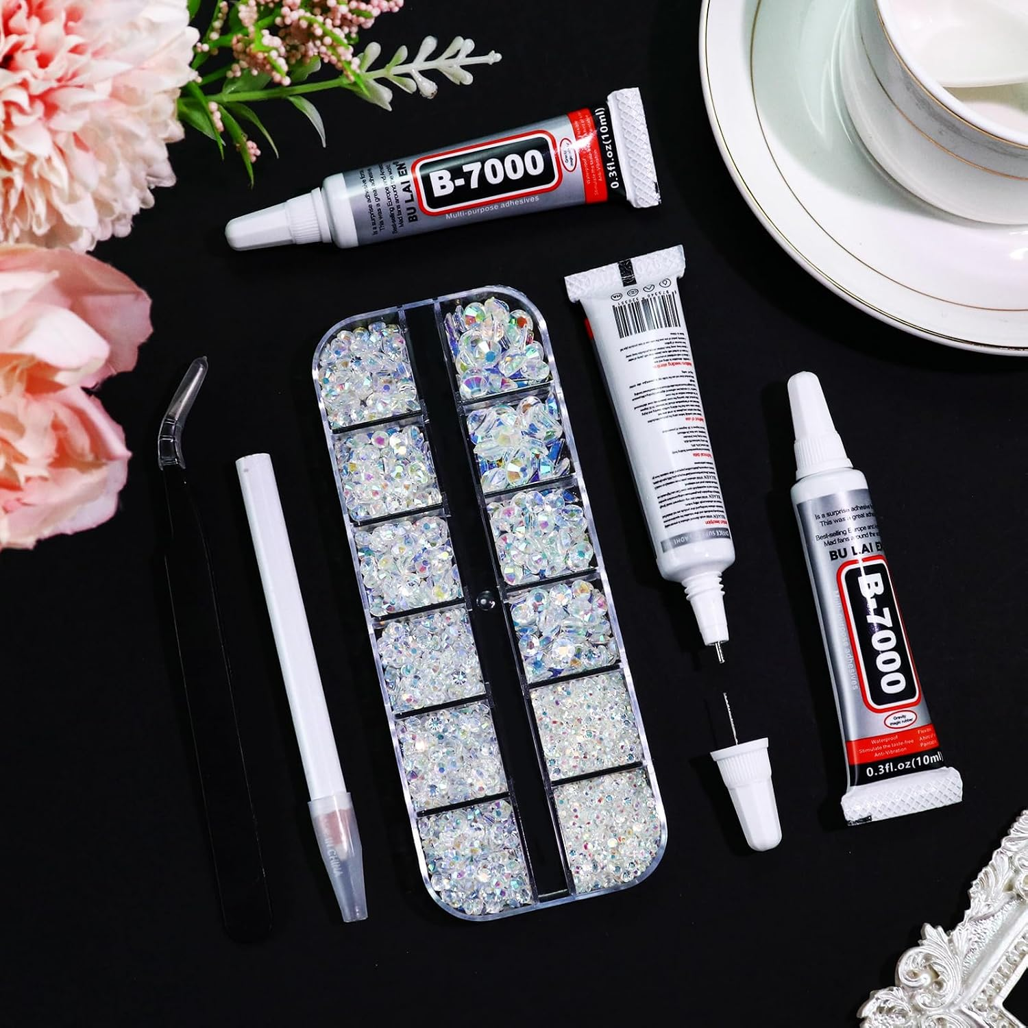 Towenm B7000 Clear Glue with 4000PCS Transparent AB Rhinestones for Crafts Clothing Fabric Shoes, Glue Fix Flatback Gems for Nails Face Jewelry, Mixed 5 Sizes 2Mm-6Mm Diamond Gemstones Bejeweled Kit image number 2