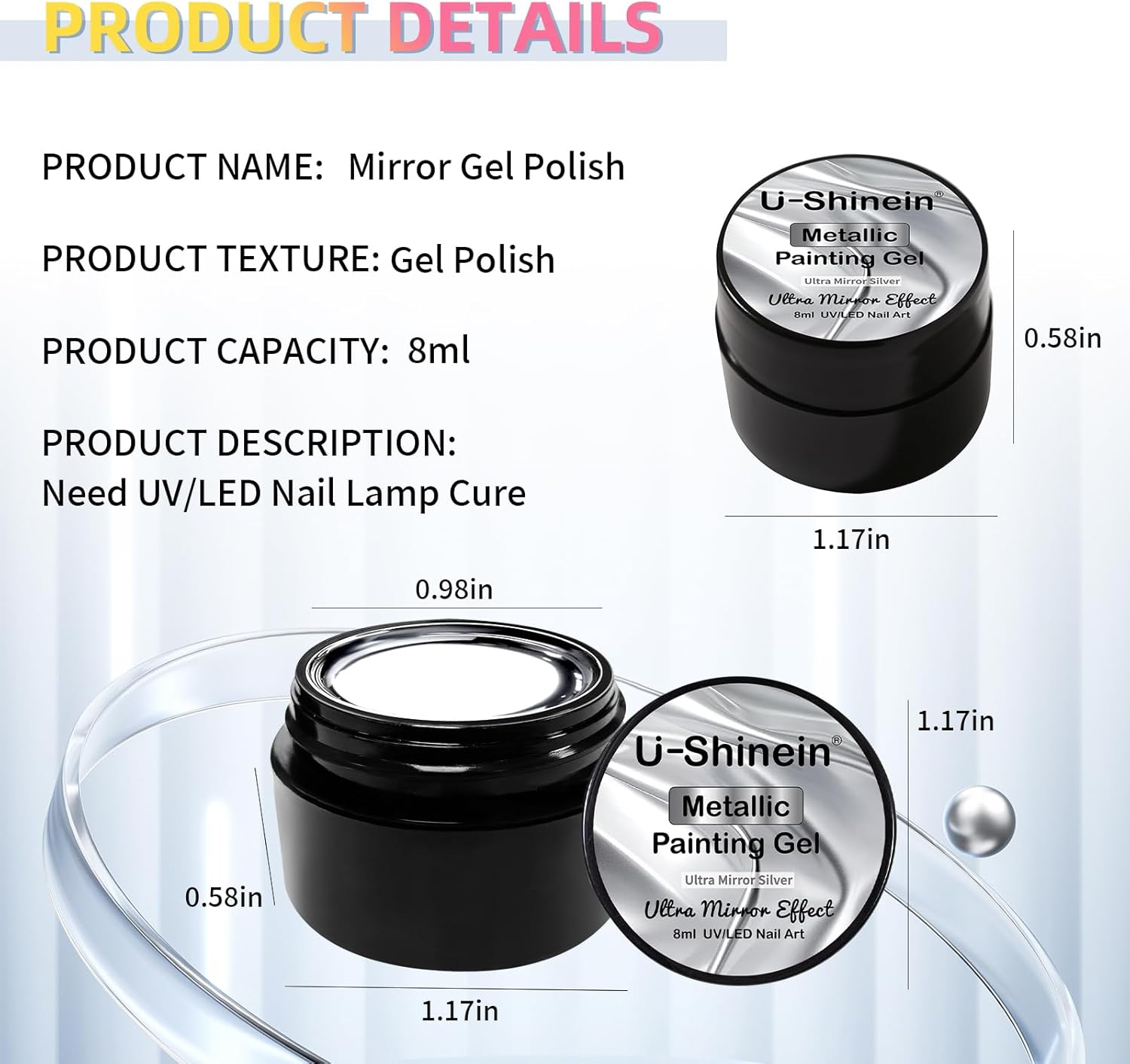 U-Shinein 8Ml Metallic Painting Gel, Silver Painted Nail Polish, 3D Metal Painting Drawing Mirror Nail Gel Polish Glossy (Ultra Mirror Silver)