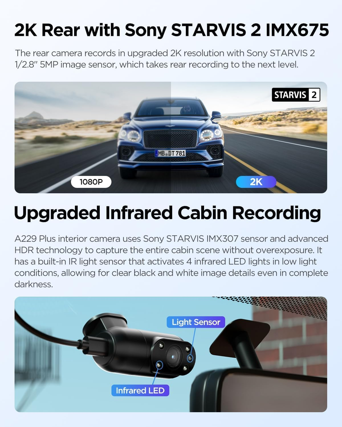 VIOFO A229 plus 3 Channel Dash Cam, Dual STARVIS 2 Sensors, 3-Channel HDR, 1440P+1440P+1080P Front inside and Rear Car Camera, 5Ghz Wi-Fi, Voice Control, Ultra-Precise GPS, 24 Hours Parking Mode image number 2