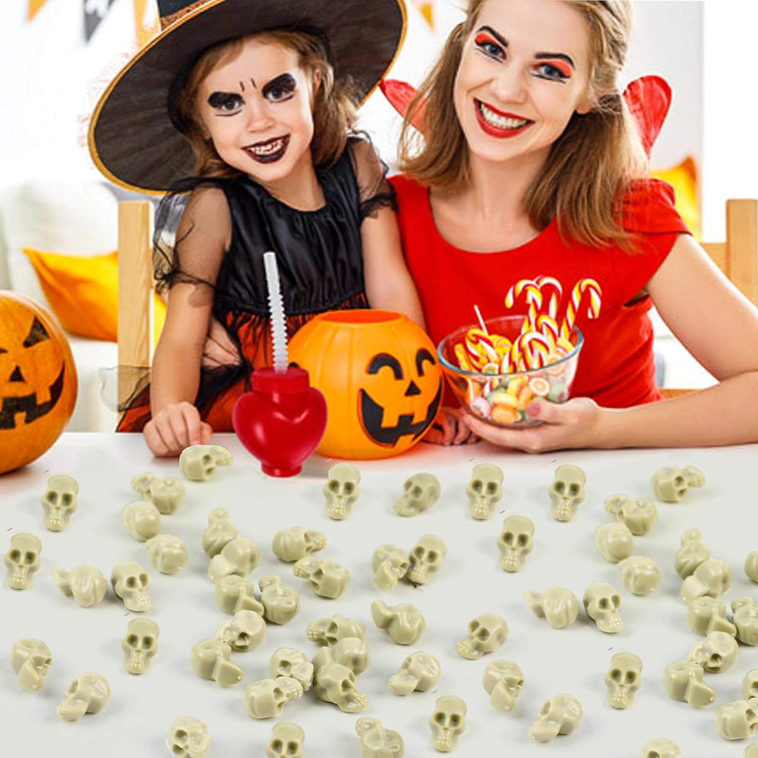 KIMOBER 100PCS Mini Skulls Heads Miniature Figurines,Small Plastic Realistic Halloween Skeleton Skulls Head Prank Props for Party Bar Home Table Decorations image number 2