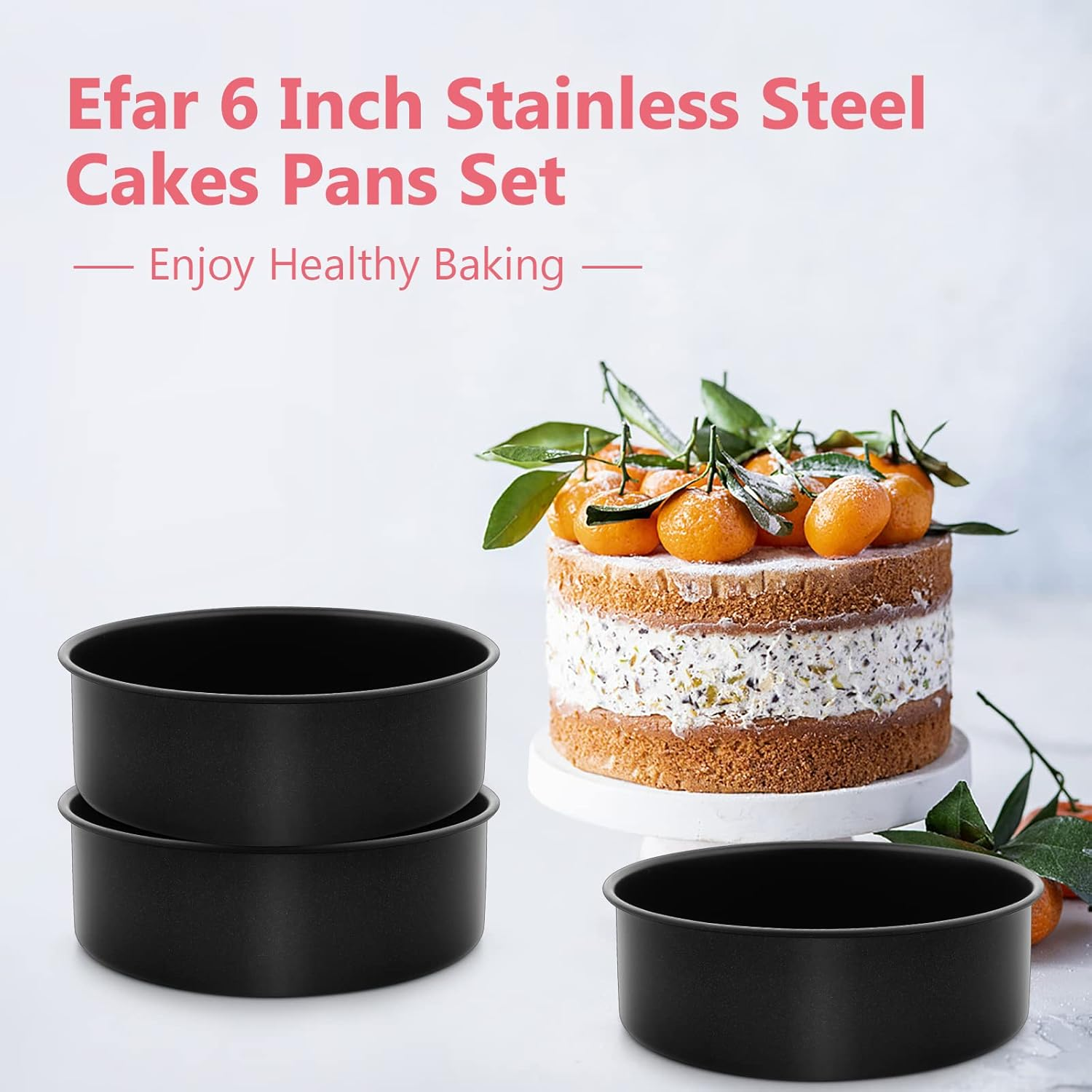 6 Inch Cake Pan Set of 3, E-Far Nonstick Stainless Steel Small round Cake Pans Tin for Baking Layer Cakes, Stainless Steel Core & Non-Toxic Coating, Straight Side & 2 Inch Deep image number 1
