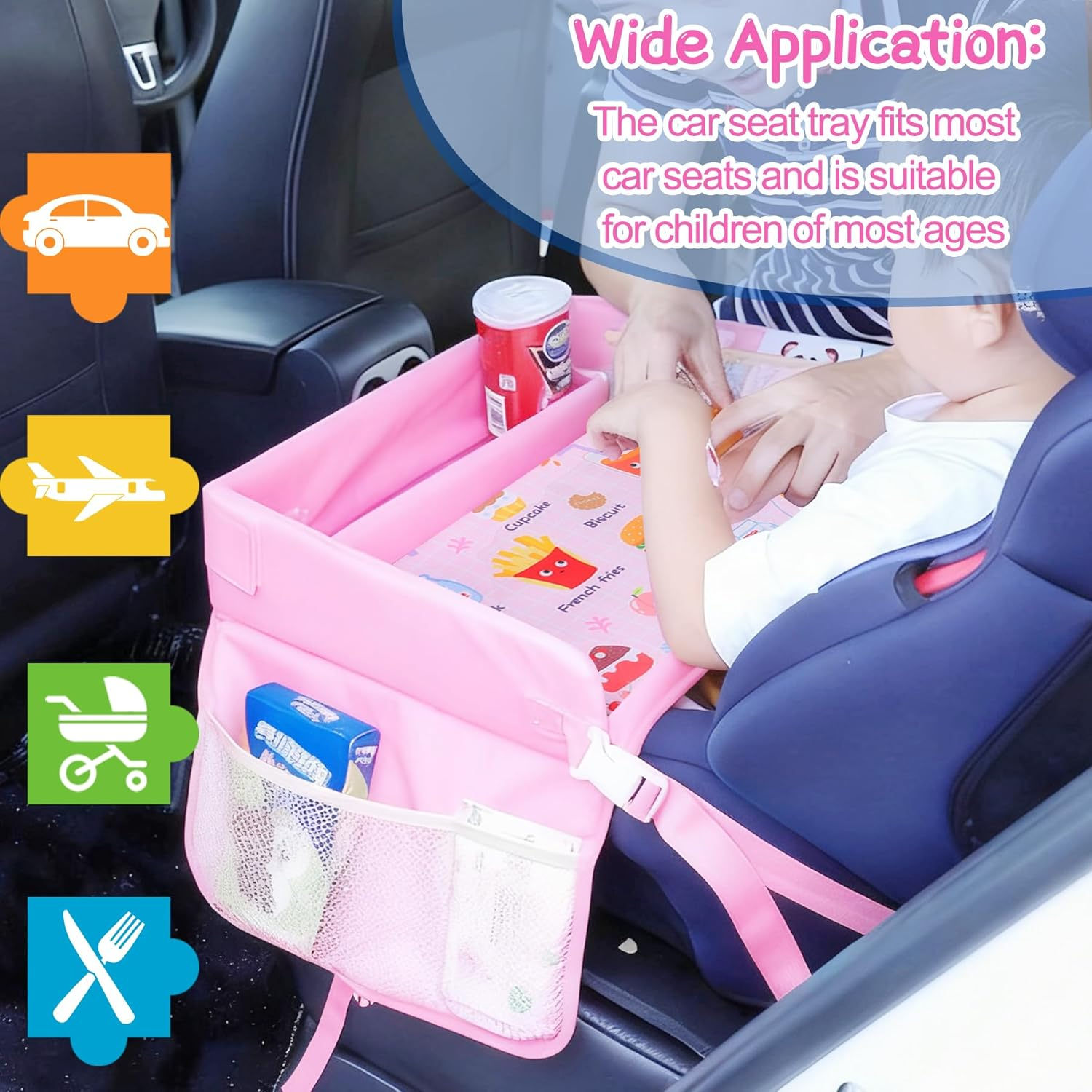 Kids Travel Tray for Car, Car Seat Tray for Kids Travel, Road Trip Essentials, Toddler Lap Desk Organizer, Soft Padding, Waterproof, Carseat Table for Roadtrip Activities (Pink) - Blue image number 6