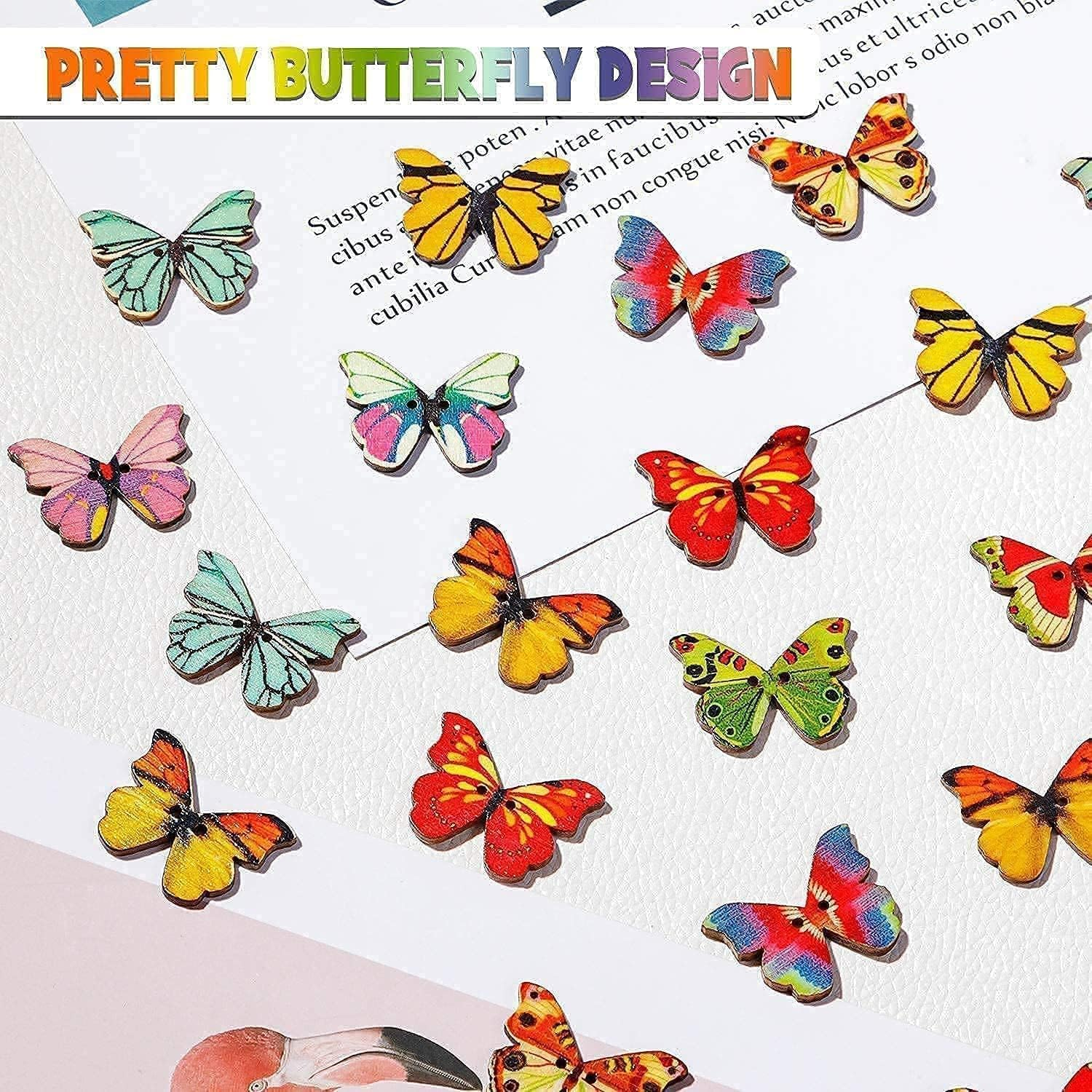 Wooden Butterfly Buttons for Crafts, 200Pcs DIY Vintage Wood Butterfly Cute Insect Buttons for Sewing 1 Inch Colorful 2 Holes Small Cartoon Decorative Buttons for Crafts Clothes Accessories image number 6