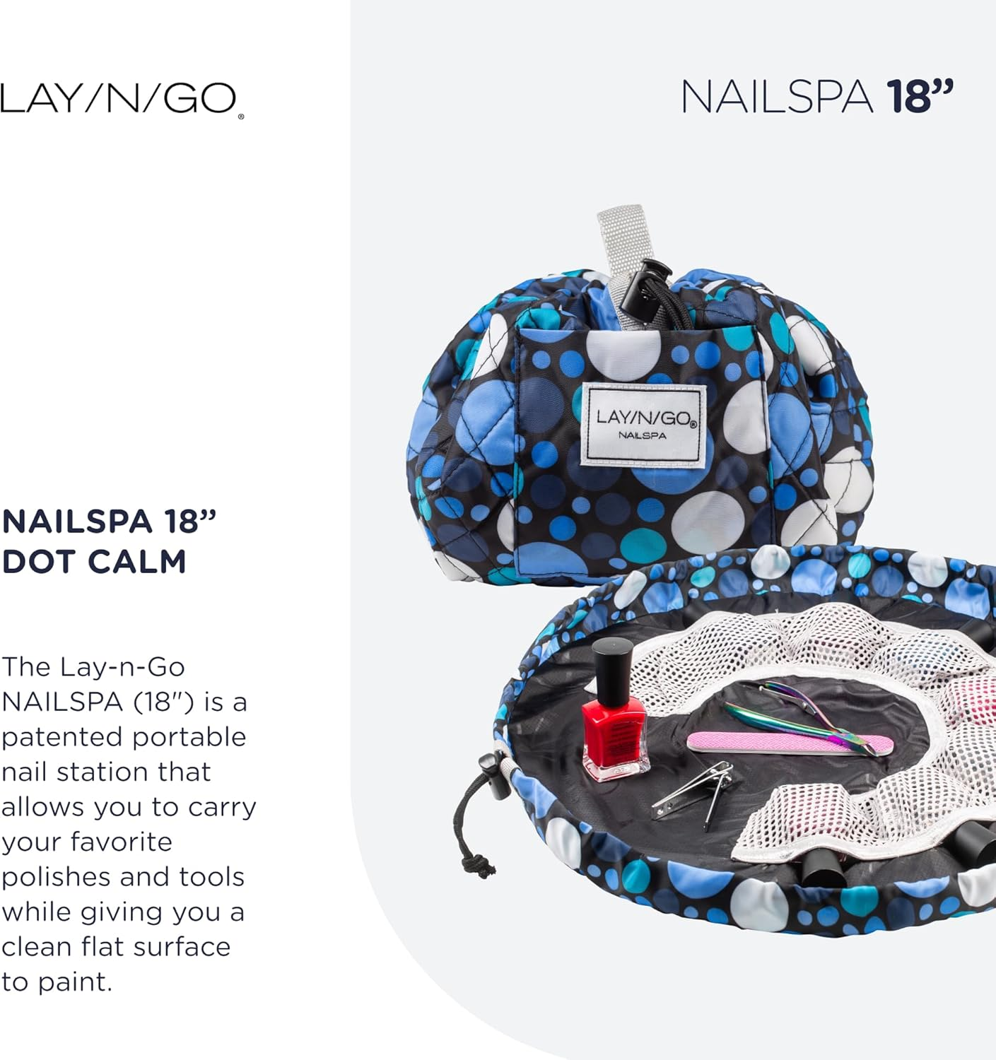 Lay-N-Go Nailspa Drawstring Cosmetic Bag - Portable Nail Supplies Organizer Bag W/ 8 Elastic Mesh Pockets & Circular Center - Durable, Machine Washable Nail Kit Organizer, Dot Calm (Blue), 18 Inch image number 5