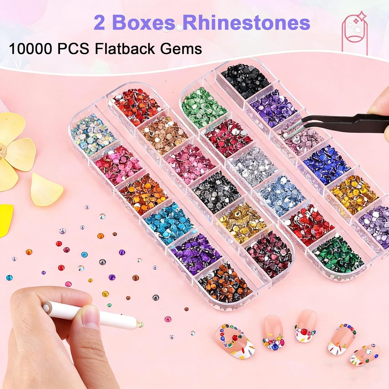 Rhinestones,10000Pcs Nail Gems for Nail Art,2 Boxes Nail Charms with Picking Pen & Tweezers,12 Grid Flat Back Crystals for Nail Art, Face Gems,Phone Case,Diy Clothes,Shoes,Bags image number 2
