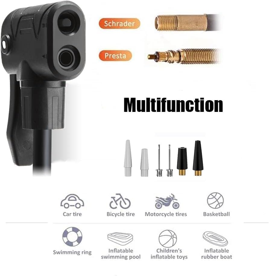 Bike Pump with Gauge 160 PSI - Dual Valve (Schrader/Presta) with Gauge | Includes Tire Repair Kit & Nozzles | Floor Pump for Road/Mountain Bikes image number 5