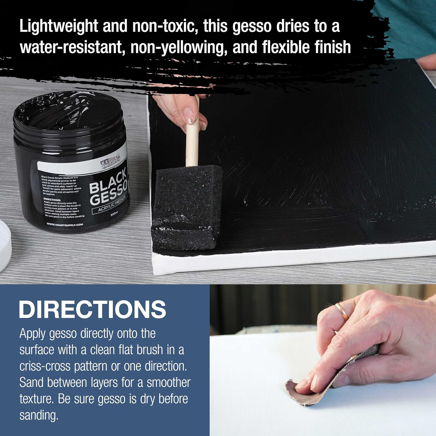 U.S. Art Supply Black Gesso Primer - 16.9Oz (500Ml) for Oil & Acrylic Paint - Superior Coverage, Canvas Prep, Mixable White Gesso Paint Artists - Black image number 4