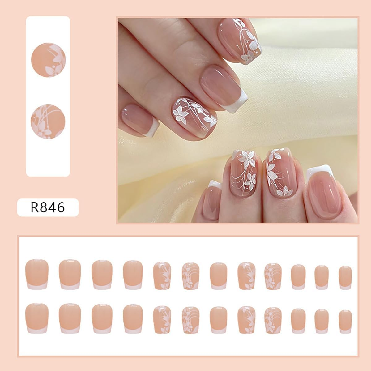 Mumoo Bear White French Tip Press on Nails Short Square Fake Nails,Spring Summer White Flower Glue on Nails Nude Glossy Coffin False Nails Design Artificial Acrylic Nail Stick on Nails for Women Decoration 24Pcs image number 3
