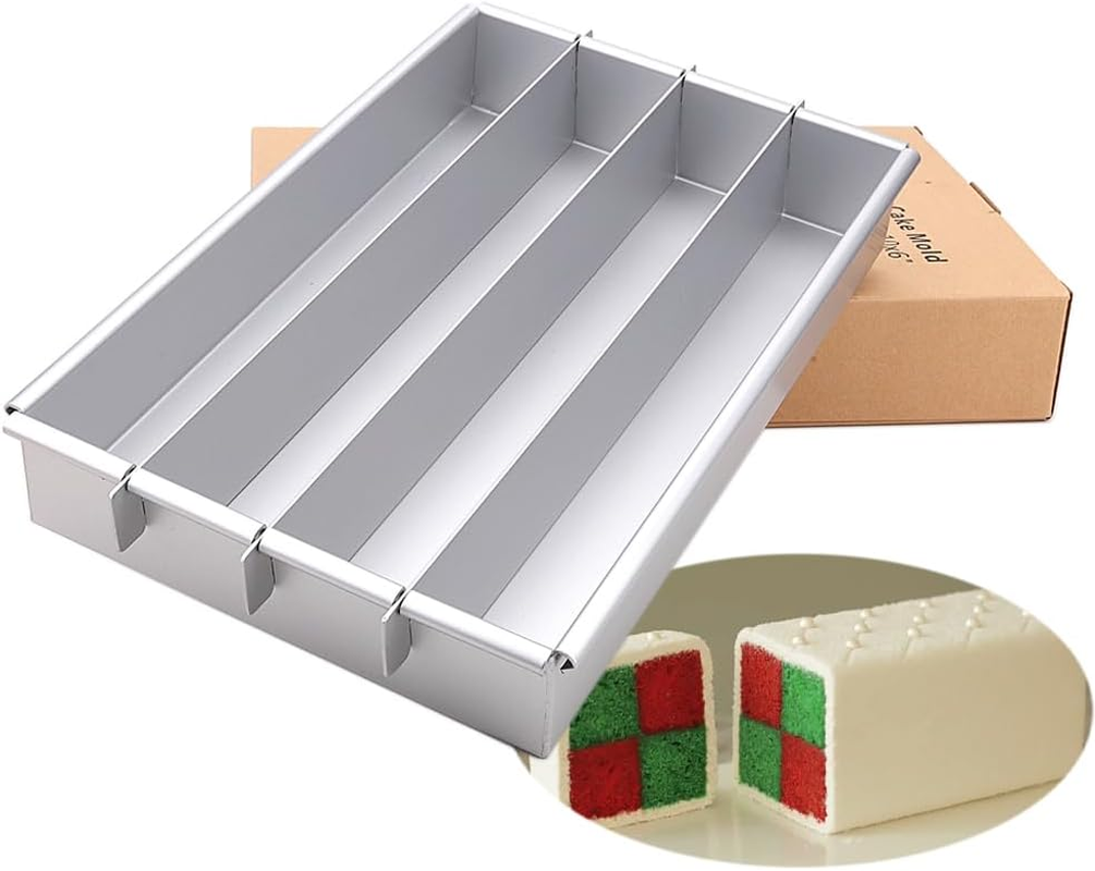 Lobake Adjustable Rectangle Shape Aluminium Alloy Battenberg Cake Mold Dessert Bread Pan Chiffon Tin with Dividers DIY Baking Supplies (Big Size 12 * 8 Inch)