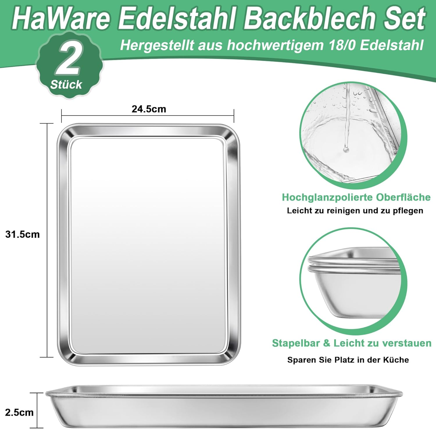 Haware Baking Tray, Set of 2, Stainless Steel Cake Tray, Oven Tray, Rectangular Grease Pan for Baking, Roasting, Serving, 31.6 X 24.6 X 2.5 Cm, Non-Toxic & Healthy, Rustproof & Dishwasher Safe image number 2
