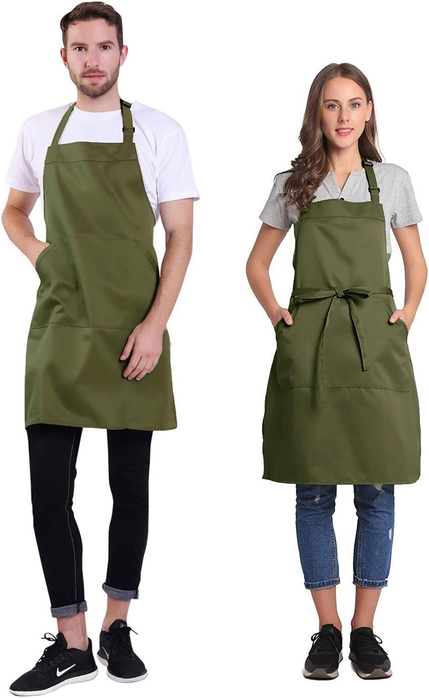 BIGHAS Adjustable Bib Apron with Pocket Extra Long Ties for Women Men, 18 Colors, Chef, Kitchen, Home, Restaurant, Cafe, Cooking, Baking (Bronze Green)