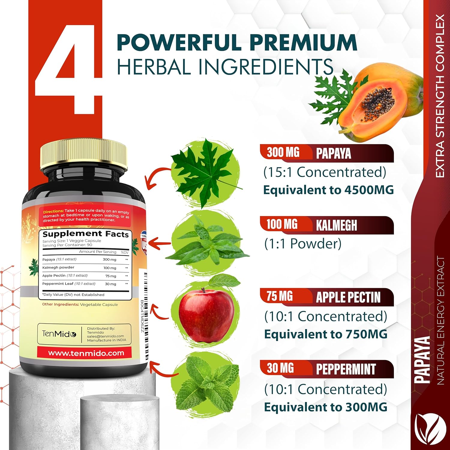 Papaya Leaf Extract Supplements Capsules 5650Mg, 3 Months Supply with Kalmegh, Apple Pectin, Peppermint - Improved Digestion Function - 90 Vegan Capsules image number 4