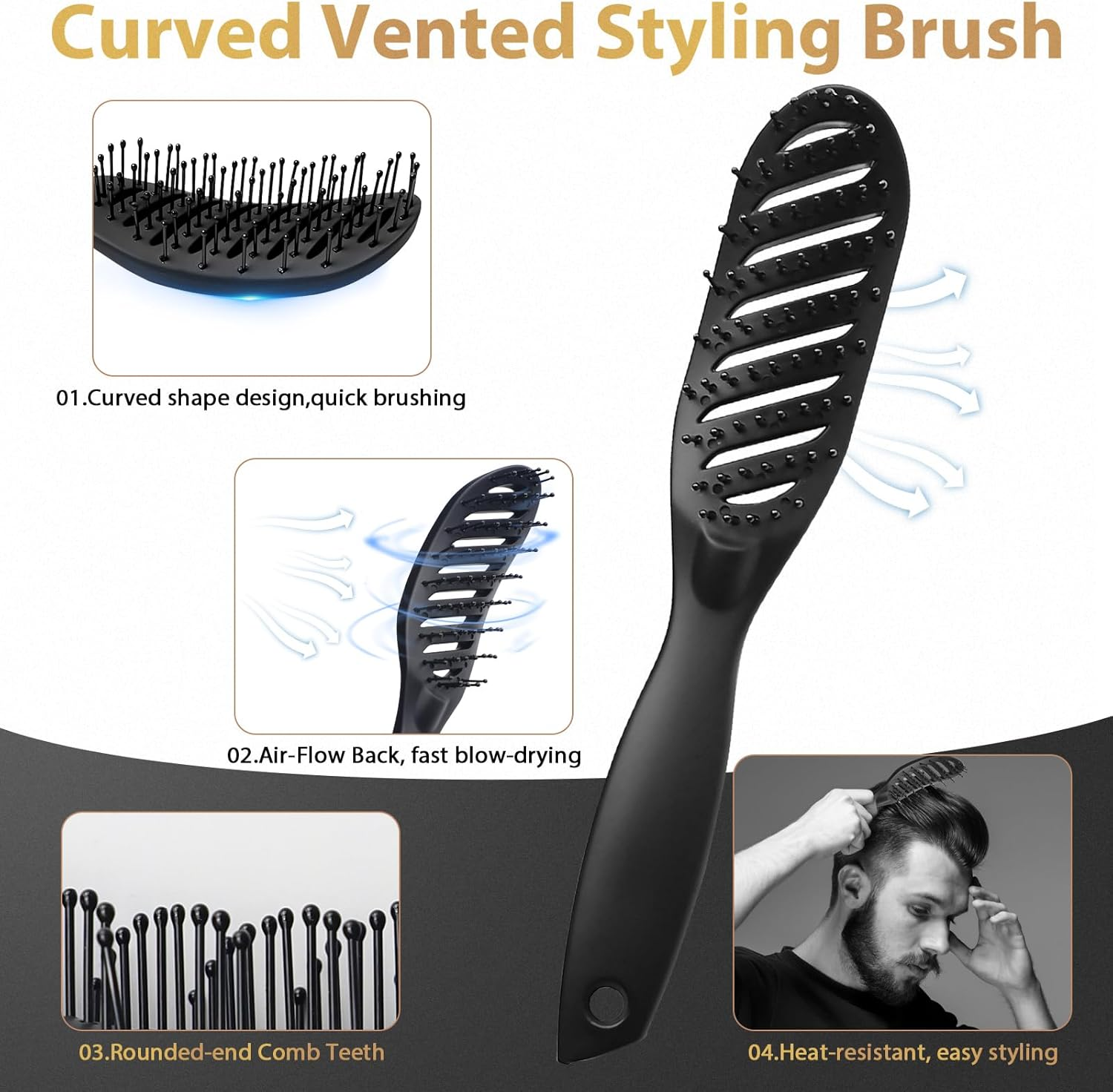 DUAIU Men'S Styling Set, 7 Pieces, round Brush, Curved Ventilated Hair Brush, Coarse Zinc, Texture Comb for Blow-Drying, Straightening, Detangling, Styling image number 3