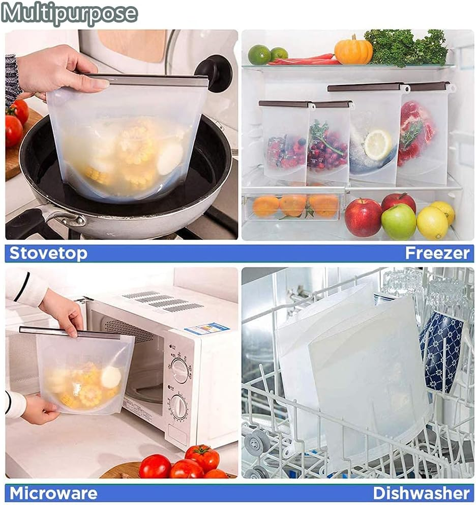 Reusable Extra Thick Silicone Food Storage Bags -3 Packs Zipper Freezer Bags for Vegetable, Fruit, Sandwich, Snack, Lunch, Liquid, Travel, Dishwasher-Safe Lunch Storage Bags image number 5