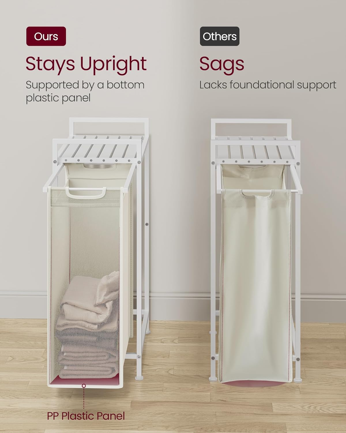 VASAGLE Laundry Hamper, Slim Laundry Basket, Laundry Sorter with a Pull-Out and Removable Bag, Shelf, Metal Frame, 12.7 Gallons (47 L), 16.5 X 11 X 29.5 Inches, Cream White and Cloud White UBLH001W01