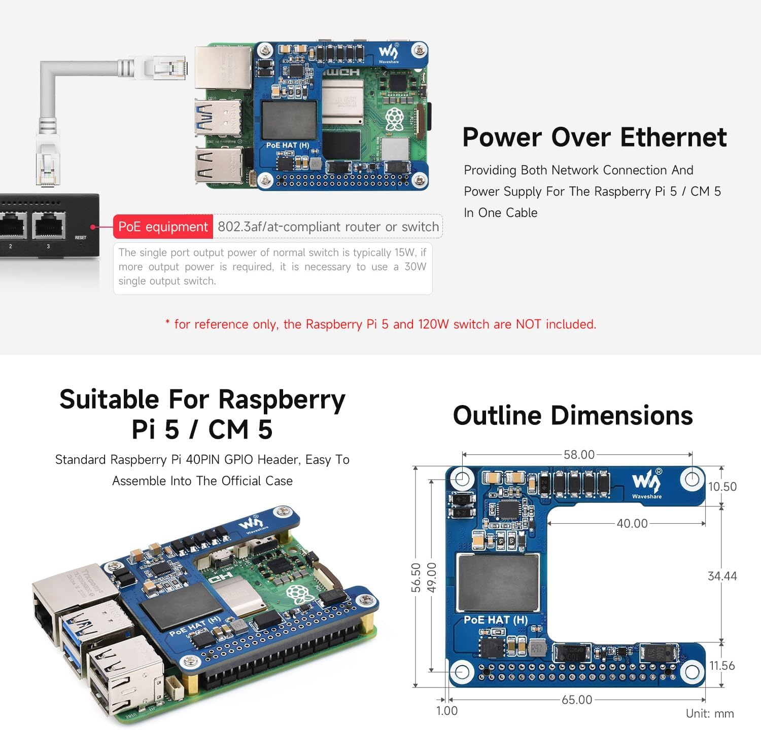 Waveshare Power over Ethernet HAT (H), Compatible with Raspberry Pi 5 / CM 5, 5V 5A Output, Stable Performance, Supports 802.3Af/At Network, Isolated Switched-Mode Power Supply, Poe HAT, Board ONLY image number 5