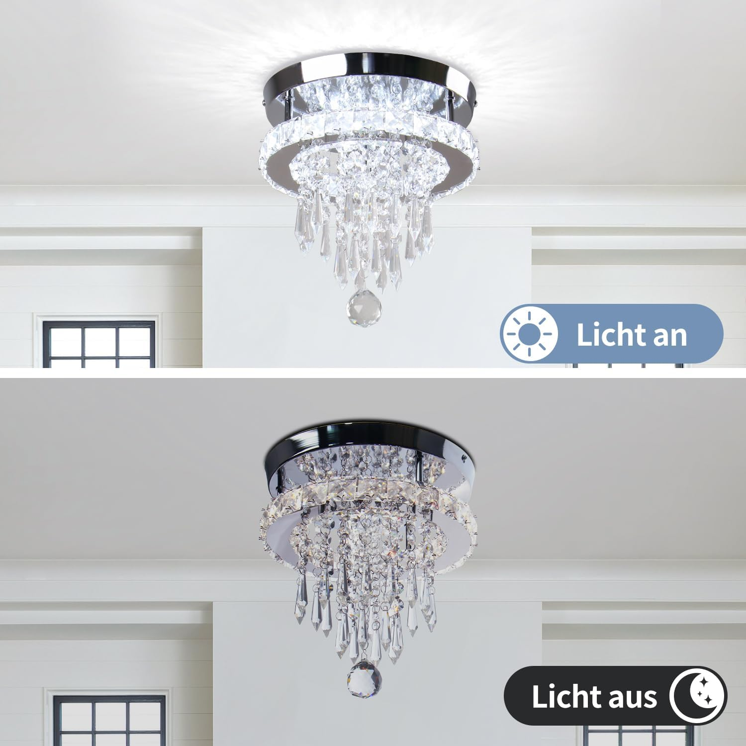 FRIXCHUR Modern LED Crystal Ceiling Light, round Crystal Chrome Ceiling Light for Bedroom, Living Room, Hallway, Kitchen (White) image number 1