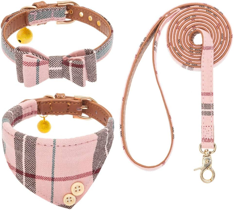 EXPAWLORER Dog Collar and Leash Set - Classic Plaid Dog Bow Tie and Dog Bandana Collar with Bell, Dog Leash Tangle Free, Adjustable Collars for Small Medium Large Dogs Cats, Holiday Ideal Gift image number 1