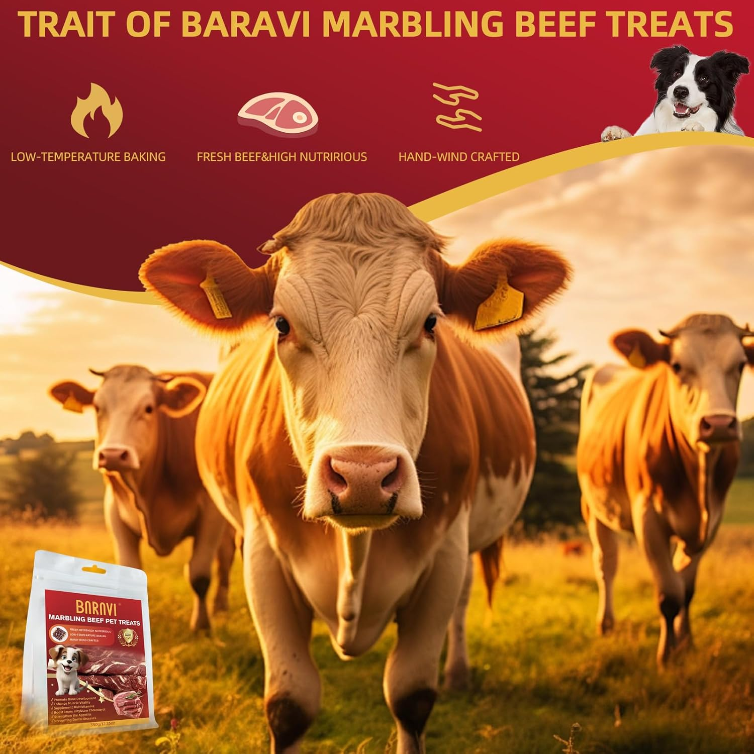 Dog Treats, Marbling Beef Dog Rawhide Sticks, Made with Fresh Beef, Clean Teeth Naturally While Chewing, 350G image number 1