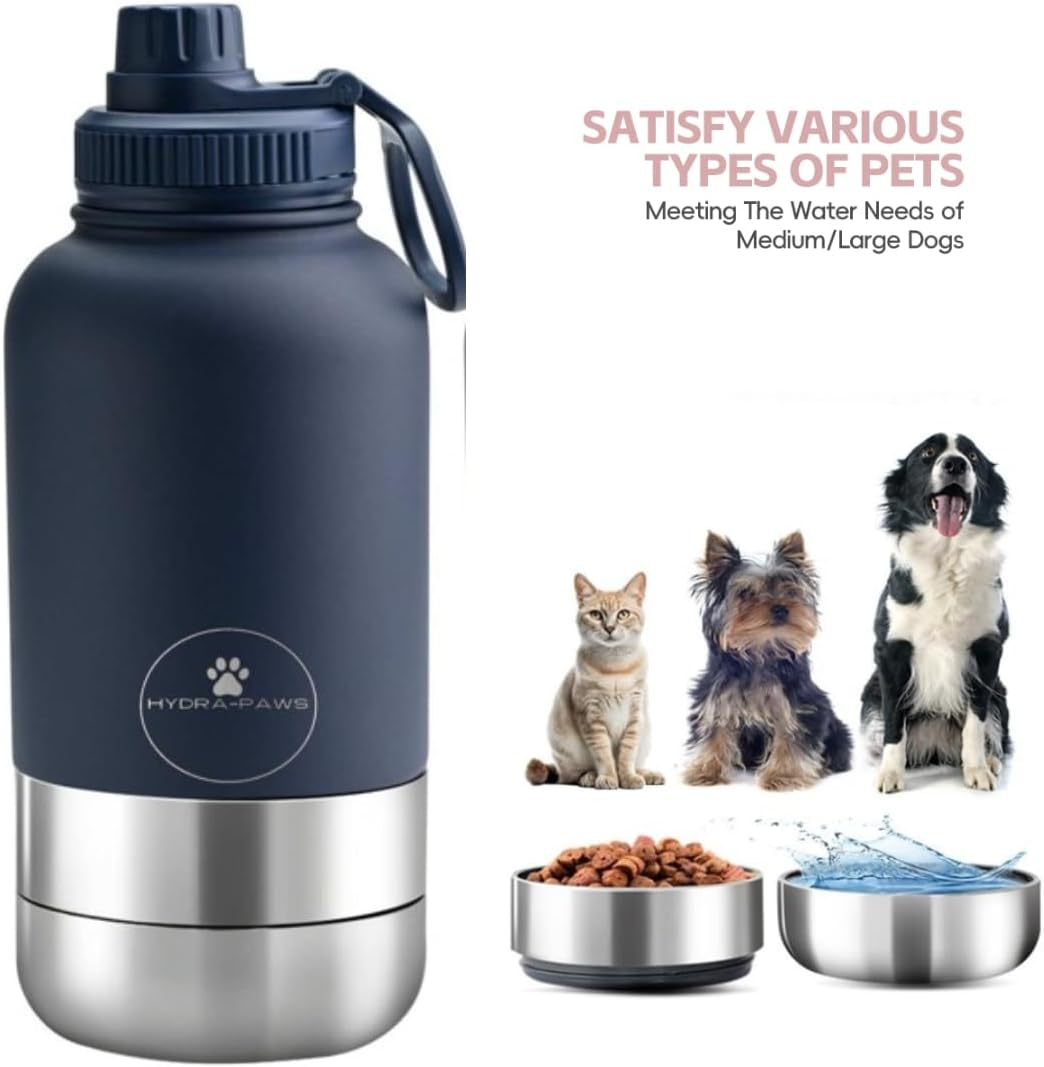 Hydra-Paws Pets Double Wall Vacuum 32Oz Insulated Stainless Steel 3 in 1 Water Bottle (Navy Blue, 32Oz) - Black image number 2