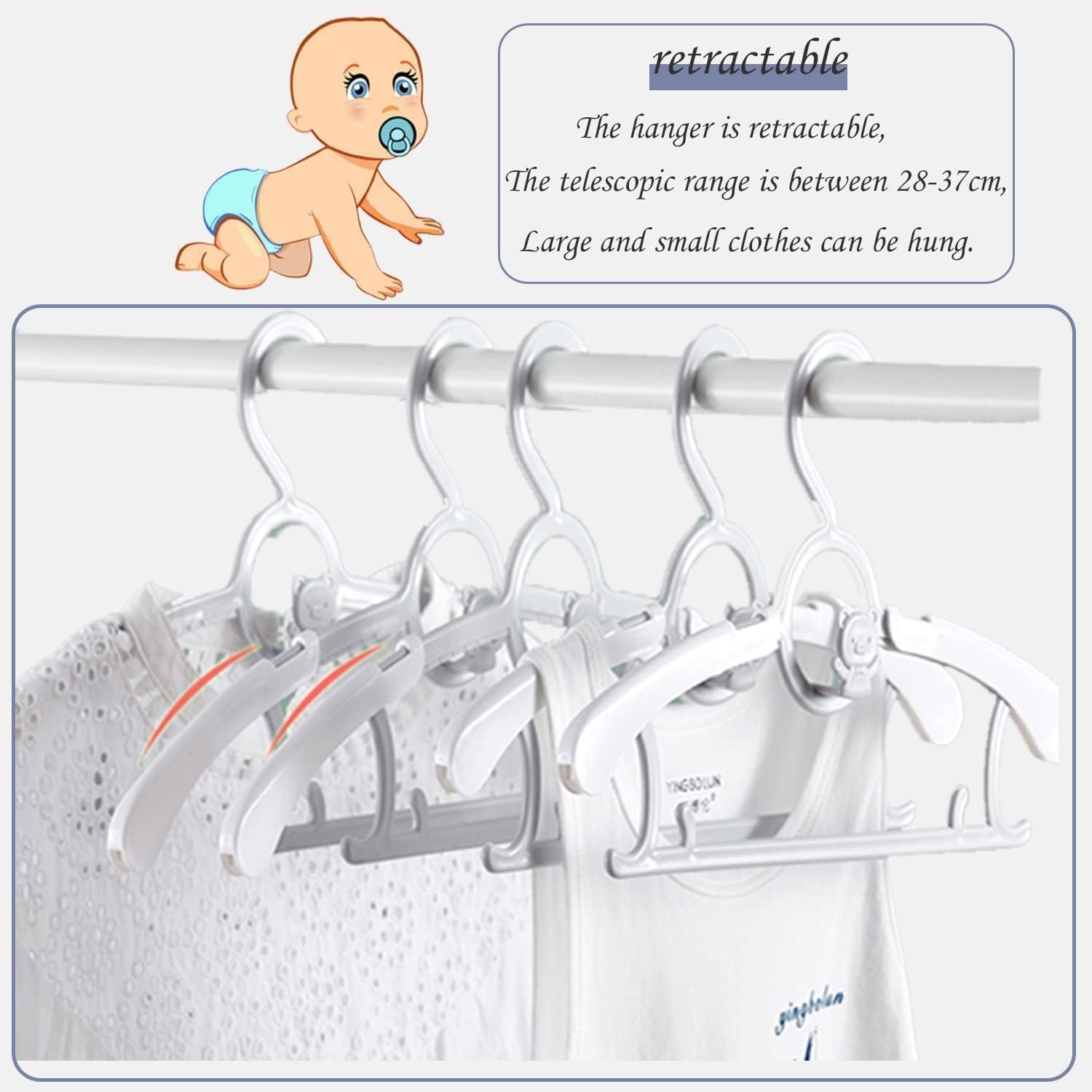 Baby Hangers for Closet,20 Pack Infant Hangers,Non-Slip and Extendable Plastic Children'S Newborn Baby Hangers 11"-14" Adjustable Children Coat Hanger for Girl Boy Toddler Kids Child (Grey)