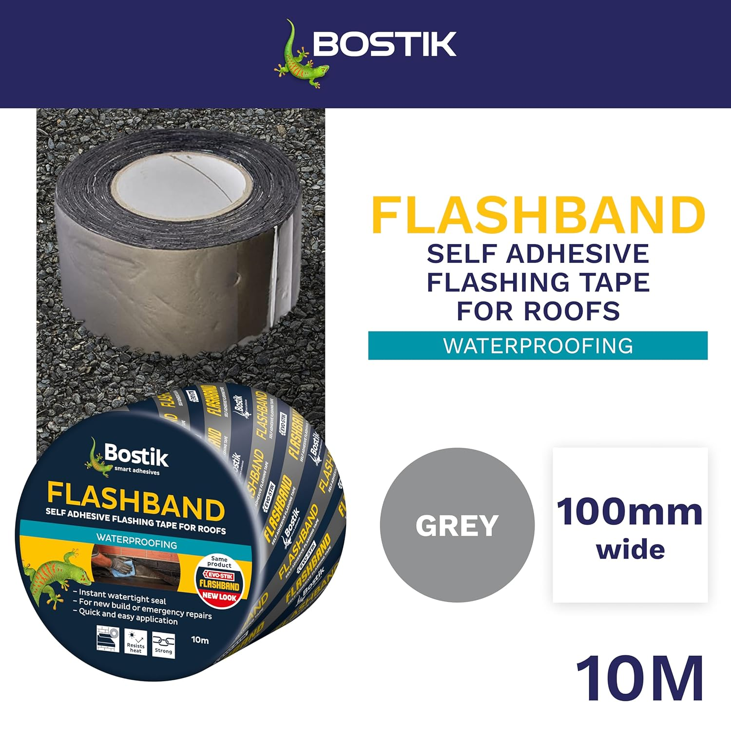 Bostik Flashband Self Adhesive Flashing Tape for Roofs, Provides an Instant Watertight Seal, Colour: Grey, 100Mm X 10M image number 5