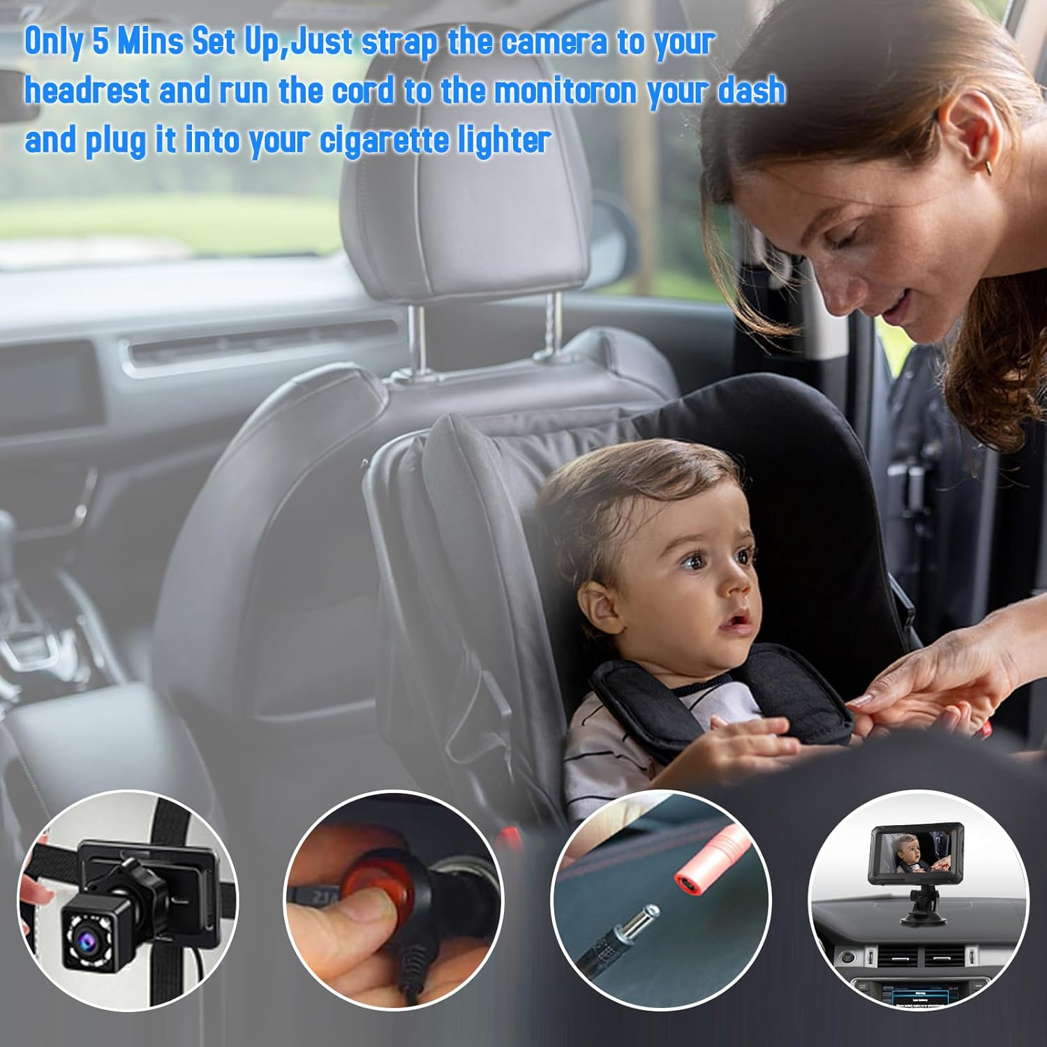 Asixxsix Baby Car Camera HD 1080P, Baby Car Mirror with Camera, USB Plug, 4.3" HD Night Vision Function and 360&deg; Rotation Plug, Facing Car Baby Monitor for Infants Kids Pets image number 5