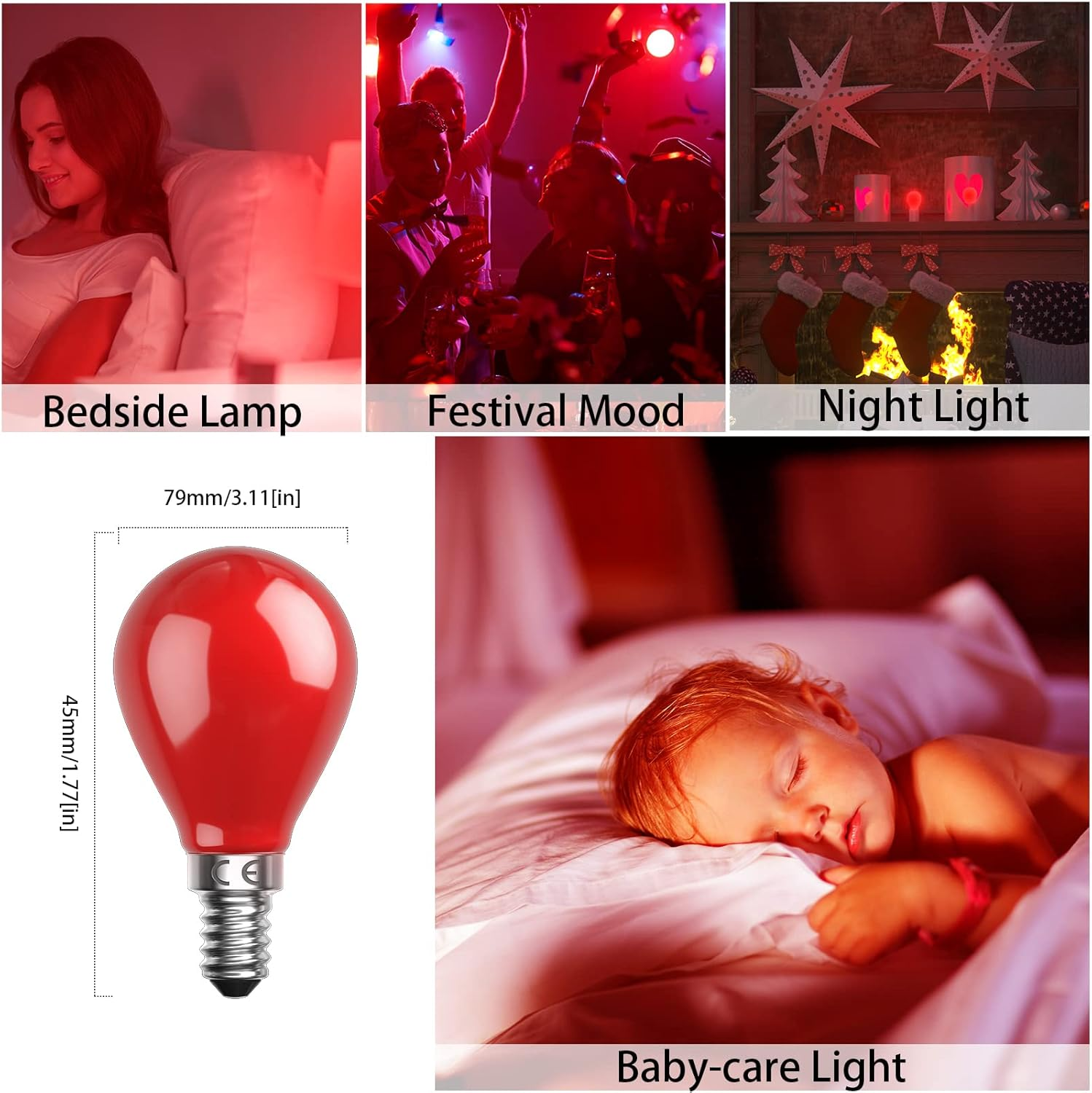 Bonlux E14 LED Light Bulb 4W Red Small Edison Screw Bulb, AC220-240V SES, 40W Incandescent Equivalent, P45 Golf Red Ball Bulb for Night Lights, Festivals, Parties, Pack of 4 image number 5