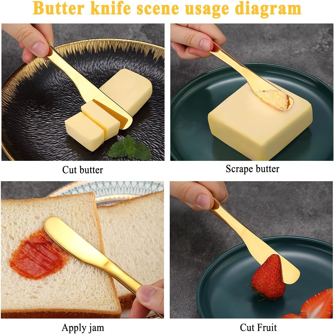 Homquen Stainless Steel Butter Knife, Gold Butter Knife,Butter Application Knife Can Be Used in Kitchen, Dining Set, Kitchen Gadgets, 4 Pieces Set