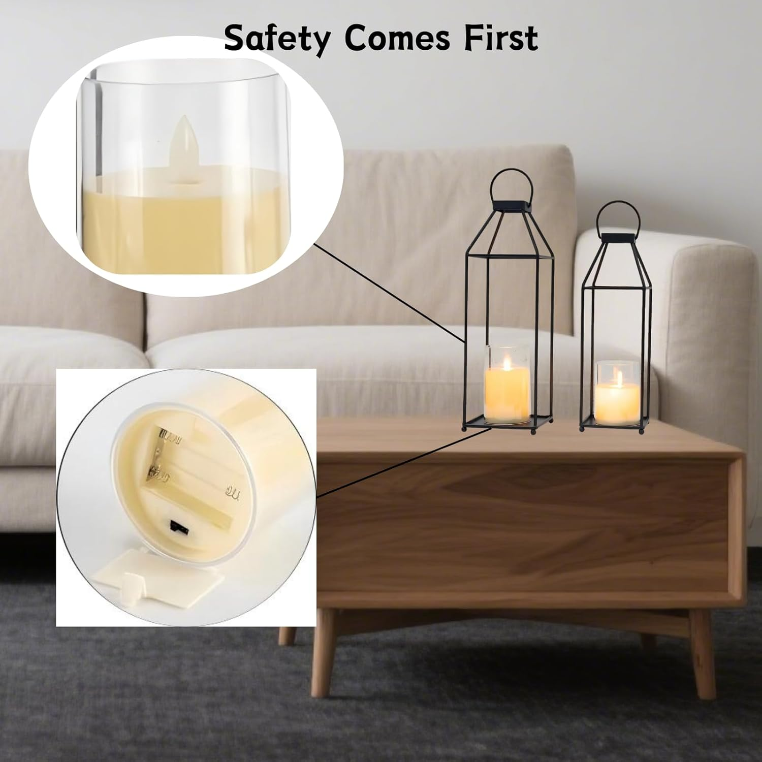 Decor Lantern, Metal Candle Lanterns 2 PCS Set, Decorative Lanterns with 2 Flameless LED Candles for Home Decor, Parties & Events(Black) image number 2