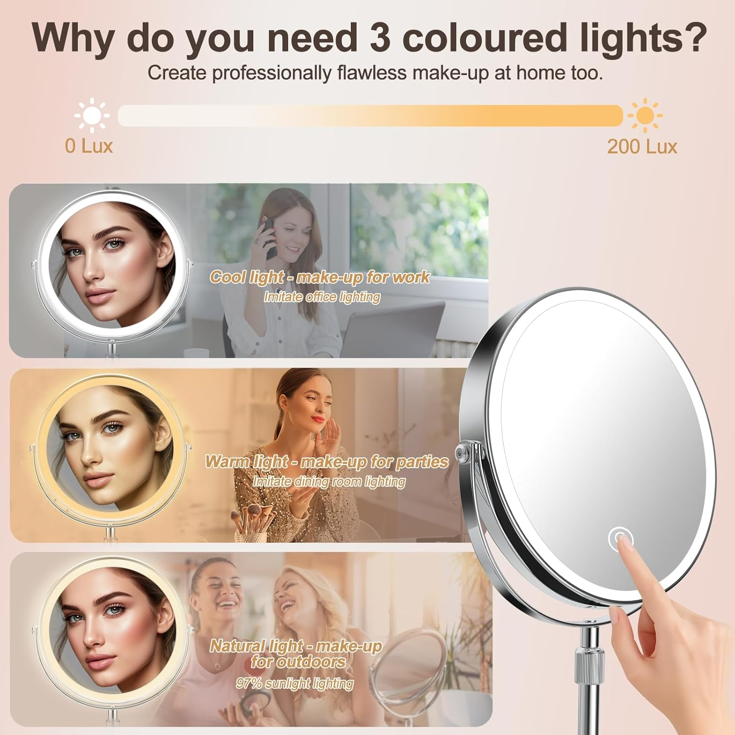 SURFOU 8 Inch Cosmetic Mirror with Lighting, 10X/1X Magnifying Mirror Double-Sided - 360&deg; Rotating & Removable Table Mirror for Makeup, Shaving, Bathroom and Travel image number 4