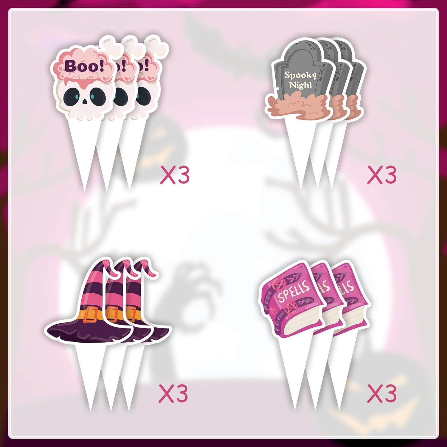 24 PCS Happy Halloween Cupcake Toppers and Wrappers,Printed with Pumpkin Skull Ghost Wizard Hat Pattern Pink Themed Cupcake Cake Decorations for Halloween Party Supplies image number 6