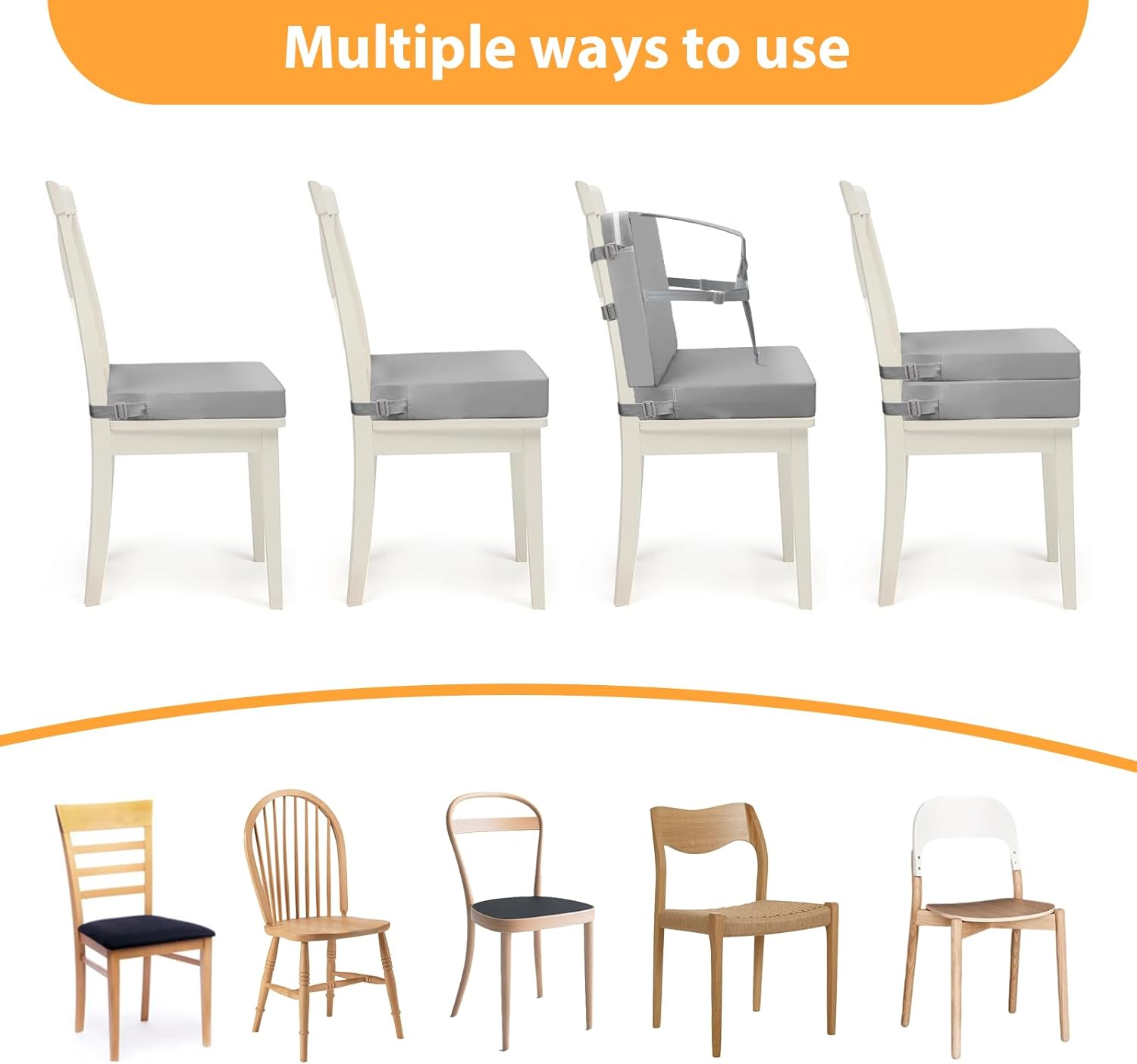 Toddler Booster Seat for Dining Table, 5 Point Buckle Child Booster Seat for Table with Backrest, PU Waterproof Easy Cleaning Dining Booster Seat Adjustable Seat Belts & Non-Slip Bottom (Grey)