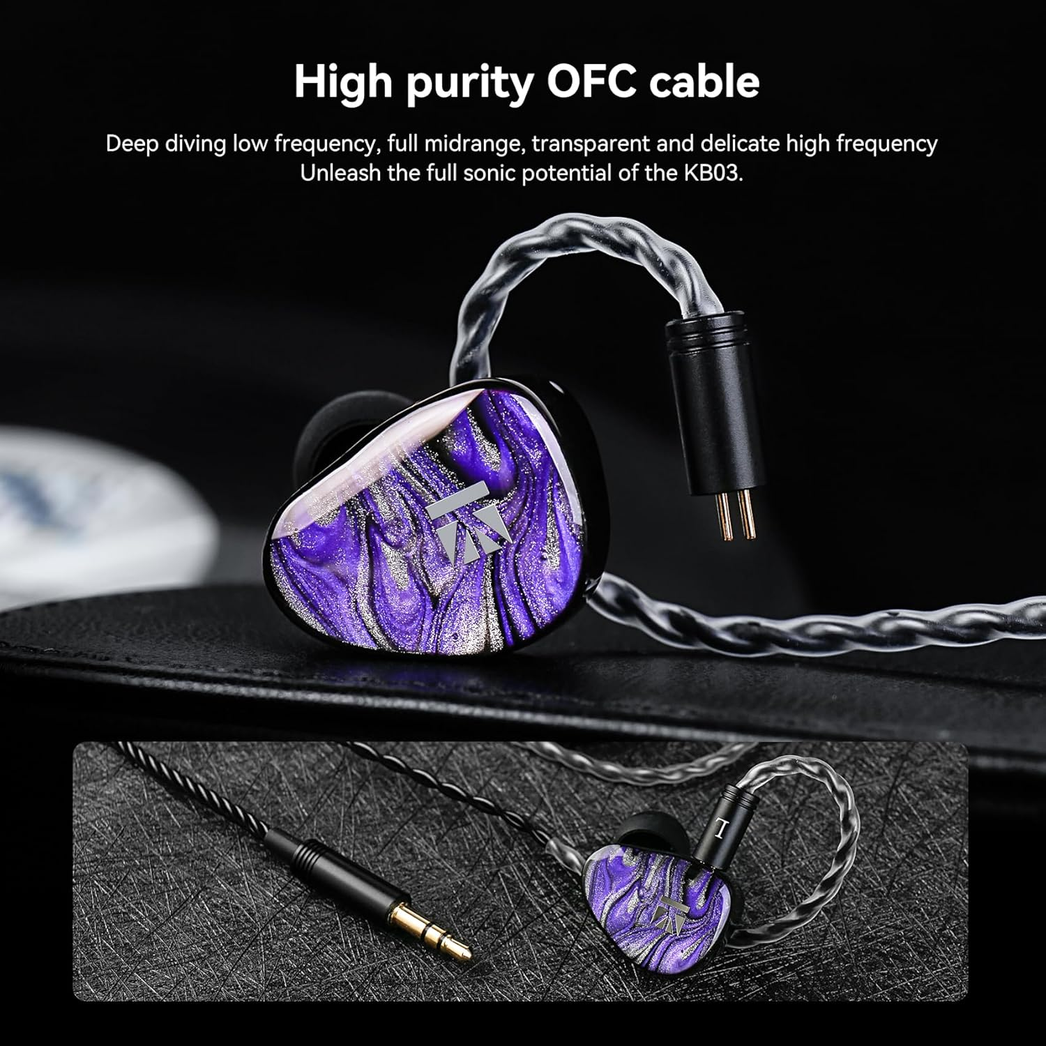 Keephifi KBEAR KB03 Gaming Earbuds, IEM Earphones 1 DD+1 BA+1 Bone Conduction Driver, DJ Headphones Wired with High Purity OFC Cable, Gaming Earphones, Powerful Bass in Ear Monitors for Musicians - Purple image number 5