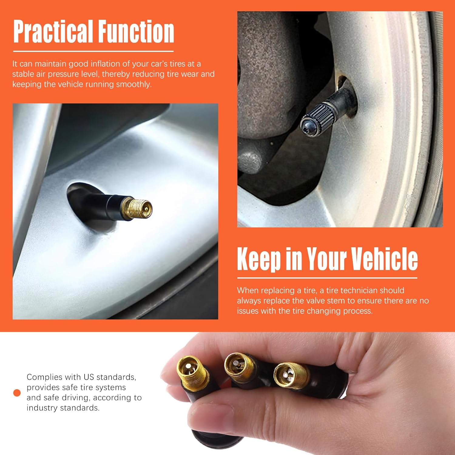 Tanstic 100Pcs Black Tire Valve Stems, Rubber Snap-In Valve Stem, Standard Length Replacement Tubeless Valve Stems for 0.453 Inch Rim Holes on Standard Vehicle Tires (TR412, TR413, TR414) image number 2