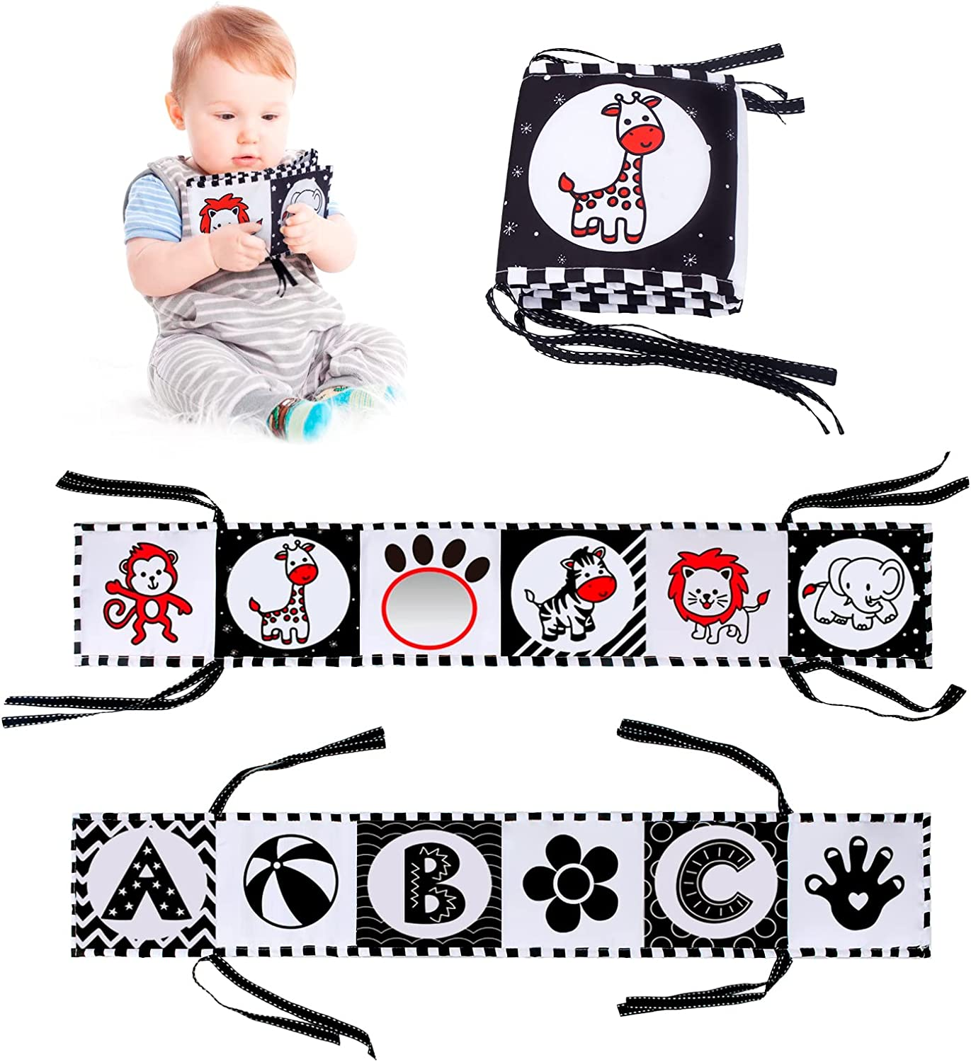 Jenilily Black and White High Contrast Soft Cloth Book for Baby Infant Mirror Tummy Time Baby Book Crib Toys for Boys Girls Newborn image number 3