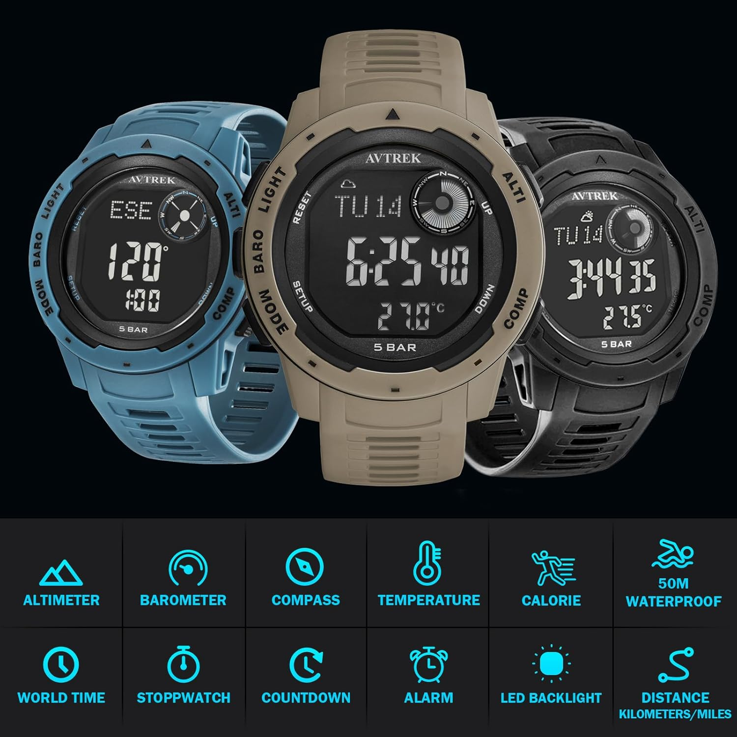 AVTREK Digital Sport Watches for Men, Women, and Teenagers, Army Military Compass Watches with Steps Tracker and Altimeter, Tactical Survival Watch, Multi-Functional Outdoors Waterproof Watches&hellip; - Blue image number 5